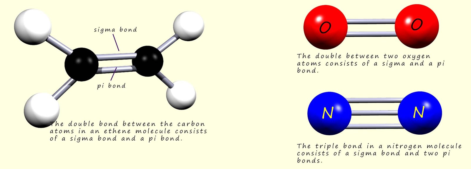 Molecules which contain multiple covalent bonds such as oxygen and nitrogen, these multiple covalent bonds consist of a mixture of sigma and pi bonds.